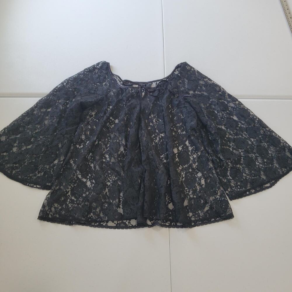 Vintage Whimsigoth Goth Witch Shirt Womens Large Black Lace Bell Sleeve Tie Neck